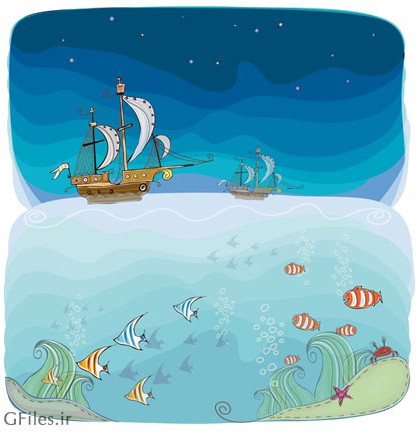 پس زمینه کارتونی زیبای دریا و ماهی ها (cartoon tropical theme background vector)
