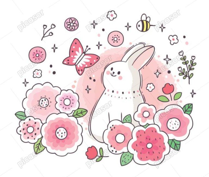 وکتور خرگوش سفید کارتونی در باغ گلها با گل و پروانه و زنبور