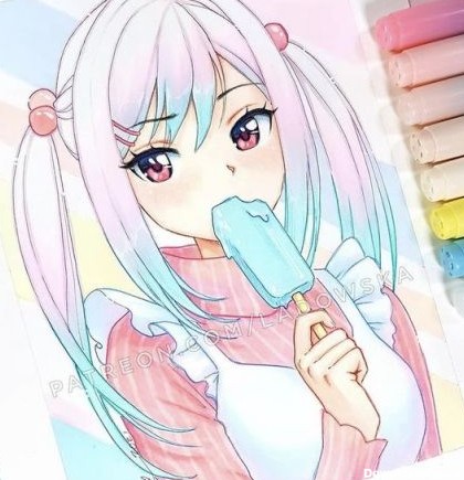 نقاشی دختر انیمه ای کیوت در حال بستنی خوردن