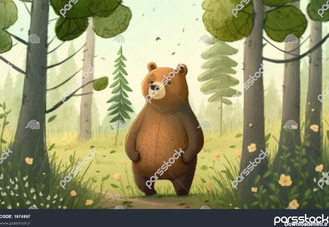 یک خرس در یک جنگل تصاویر آبرنگ برای بچه ها به سبک کارتونی ...