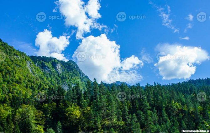 دانلود عکس منظره با کوه و جنگل با آسمان آبی ابری در آبخازیا | اوپیک