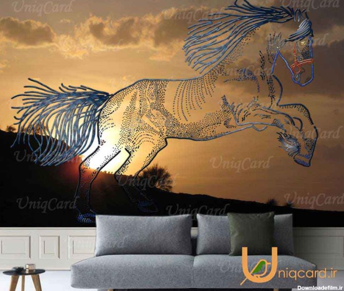 کاغذ دیواری سه بعدی لایه باز با طرح اسب و غروب خورشید در کوهستان
