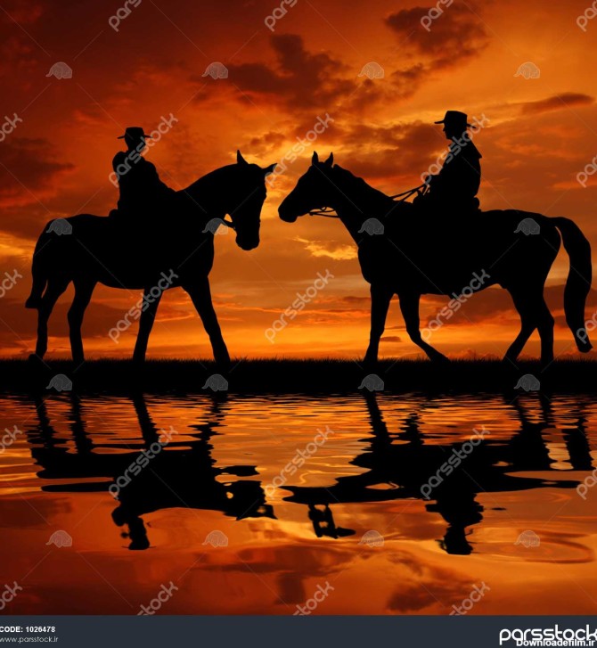 سیلوئت کابوی ها با اسب ها در غروب آفتاب 1026478