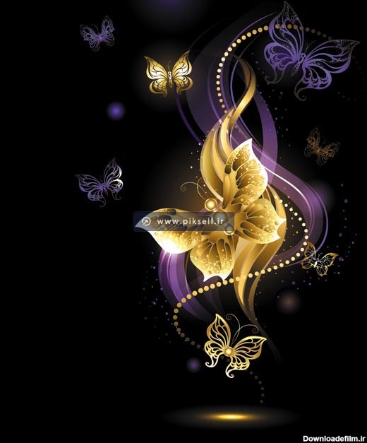 دانلود وکتور با طرح پروانه طلایی و بکگراند سیاه