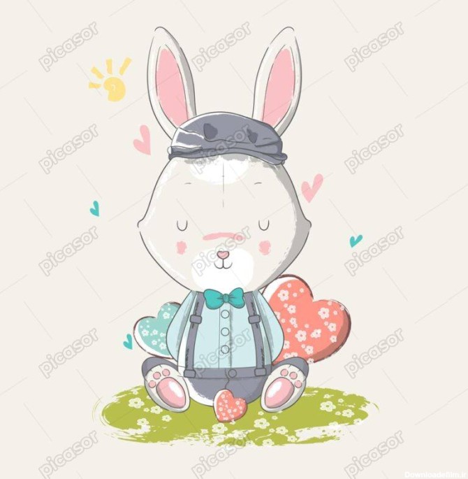 وکتور نقاشی بچه خرگوش کنار قلب - وکتور تصویرسازی کودکانه از بچه خرگوش روی زمین نشسته با قلبهای رنگی