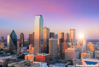 دانلود عکس منظره شهر دالاس تگزاس با آسمان آبی در غروب خورشید