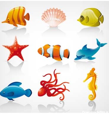 فایل EPS (لایه باز وکتوری) از مجموعه موجودات کارتونی دریایی شامل ماهی ، ستاره دریایی ، صدف ، اسب دریایی ، هشت پا ، دلفین