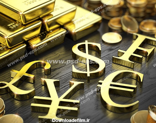عکس با کیفیت چند شمش طلا همراه با سکه طلا و نمادهای ارزی شامل یوآن ...