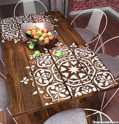 طراحی و تزیین زیبای میزهای چوبی با استنسیل + تصاویر