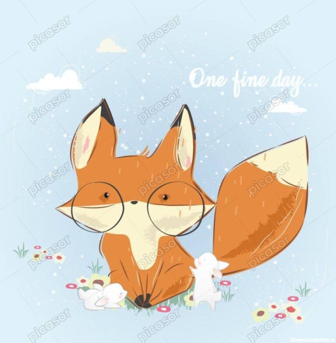 وکتور روباه و بچه خرگوش ها در بهار طرح نقاشی کارتونی - وکتور تصویرسازی کودکانه از روباه و بچه خرگوش