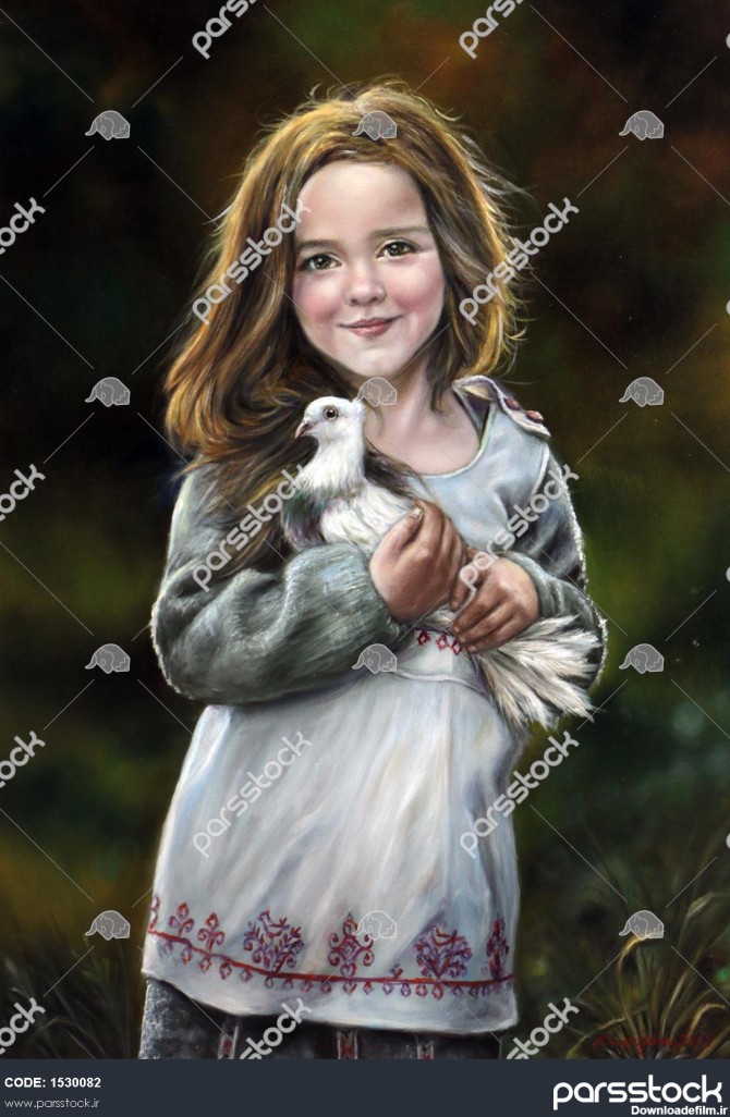 لبخند معصومانه دختر با کبوتر در آغوش نقاشی رنگ روغن 1530082