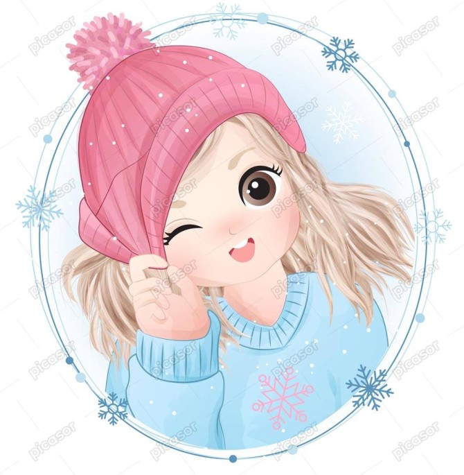 وکتور دختربچه با کلاه قرمز در فصل زمستان نقاشی آبرنگی دختر کوچک در ...