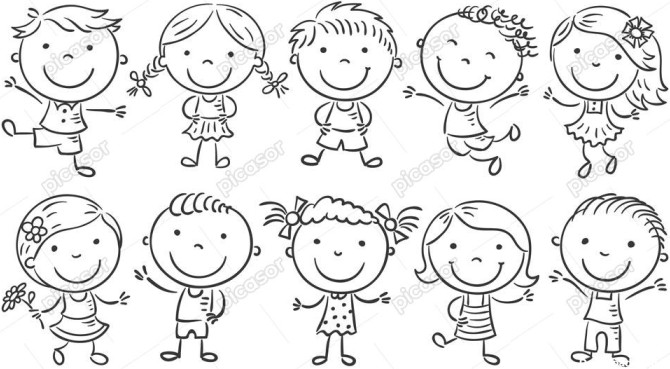 10 وکتور نقاشی کودکان شاد پسر بچه و دختر بچه کنار هم طرح خطی » پیکاسور