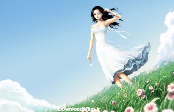 دختر زیبای کارتونی در دشت گل girl wind flowers field