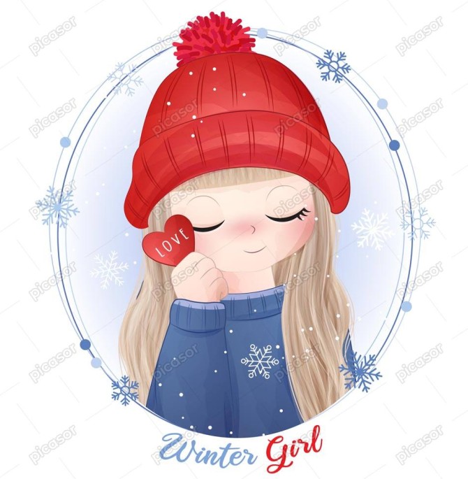 وکتور دختربچه با کلاه قرمز در فصل زمستان نقاشی آبرنگی دختر کوچک در ...