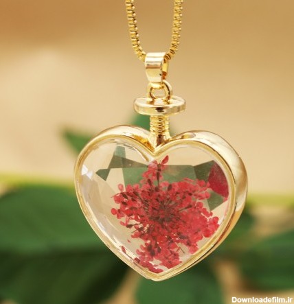 گردنبند گل خشک شیشه ای طرح قلب با گل قرمز رنگ مدل N282