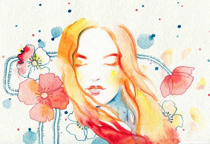 دانلود تصویر نقاشی چهره دختر با گل های نارنجی | تیک طرح مرجع ...