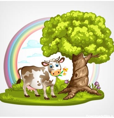 فایل کارتونی گاو ، درخت و رنگین کمان (وکتور کارتونی)