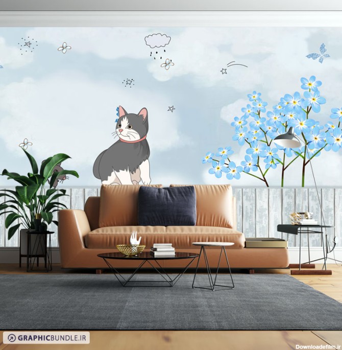 پوستر دیواری کودکانه با طرح گربه روی نرده چوبی و درخت با شکوفه های آبی