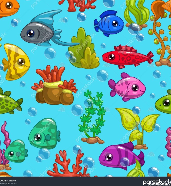 الگوی بدون درز با کارتون زیبا ماهی و دریا علف های هرز در آبی 1203750