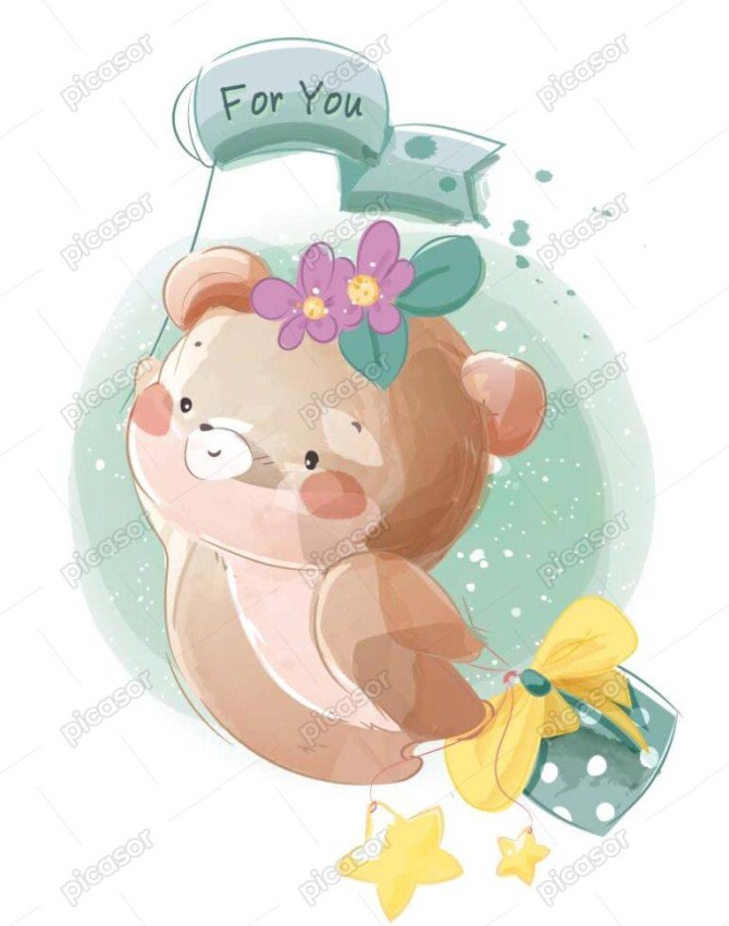 وکتور نقاشی خرس کوچولو با جعبه هدیه در حال پرواز در آسمان