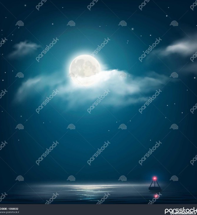 پس زمینه طبیعت شب آسمان ابری با ستاره ها ماه و دریای آرام با ...