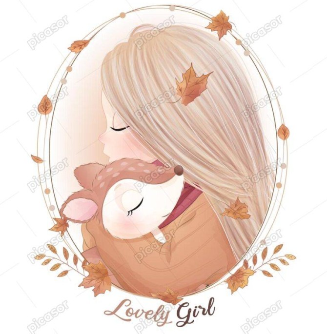 وکتور دختربچه با بچه آهو در آغوش نقاشی آبرنگی دختر کوچک در قاب برگهای پاییزی