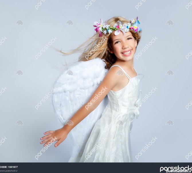 دختر بچه های فرشته با بال های سفید و گل تاج 1501677