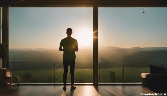 تصویر مردی رو به پنجره در حال تماشای طلوع خورشید