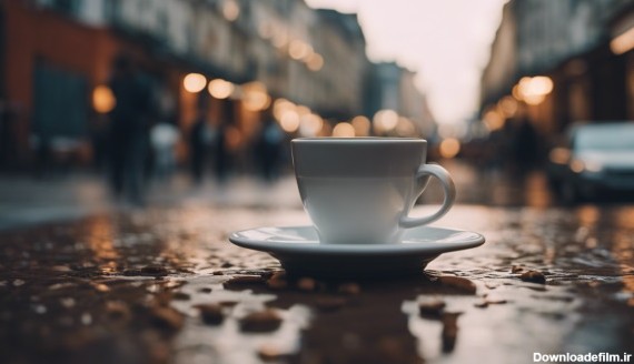 تصویر یک فنجان قهوه روی خیابان خیس