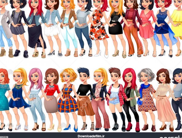 علامت مد مختلف زنانه شخصیت های کارتون برداری با لباس های مختلف کفش ...
