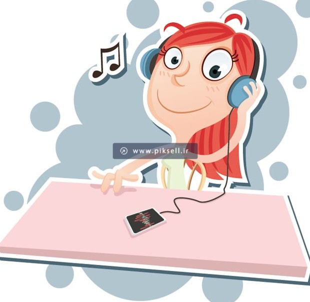 طرح گرافیکی دختر جوان در حال گوش دادن به موزیک با هدفون