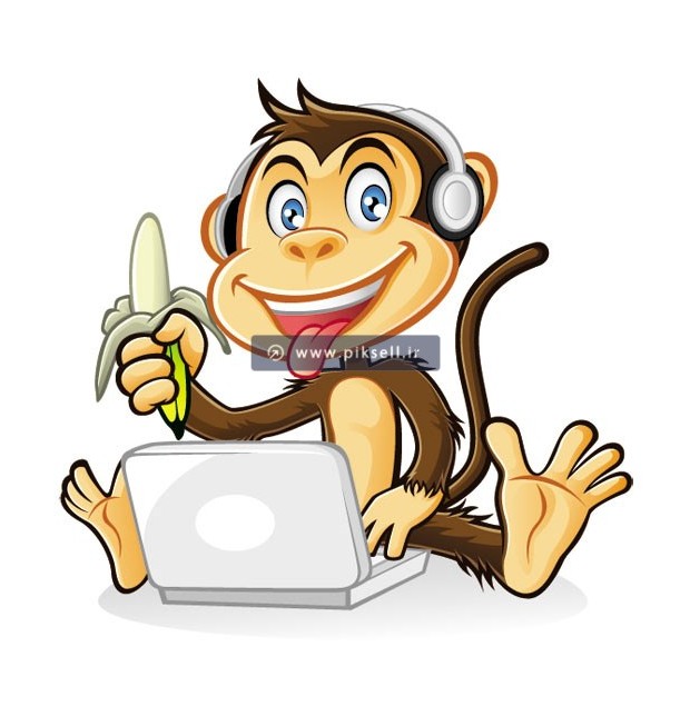 طرح کارتونی میمون در حال خوردن موز و کار با لپ تاپ