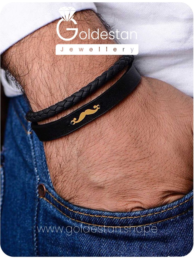 دستبند چرم طرح سیبیل | فروشگاه طلا، جواهر و شمش گلدستان