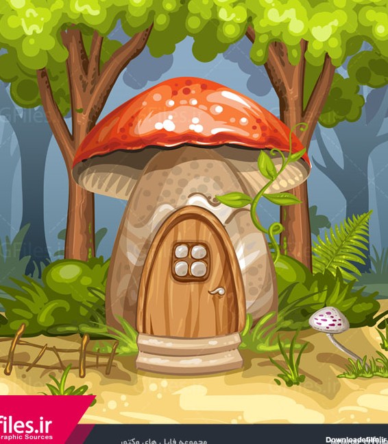 وکتور کارتونی خانه قارچی در جنگل بصورت لایه باز