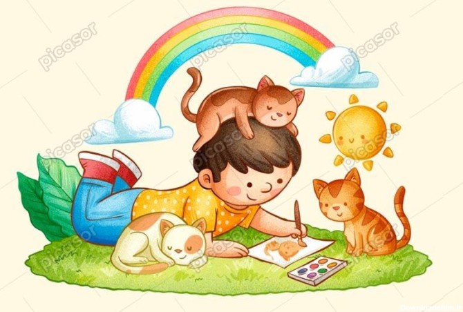 وکتور نقاشی پسر بچه و بچه گربه های بامزه طرح نقاشی کودکانه - وکتور نقاشی کودک و حیوانات خانگی