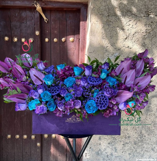 باکس گل آبی و بنفش - زیبا و جذاب با تحویل سریع - گل نیک‌راه
