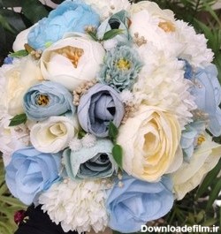 خرید و قیمت دسته گل عروس مصنوعی با گل نسترن،رز و رنگ آبی و سفید | ترب