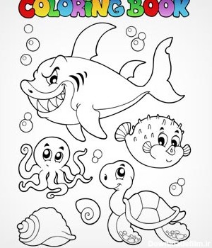 وکتور کارتونی برای Coloring Book (کتاب رنگ آمیزی) با موضوع موجودات دریایی