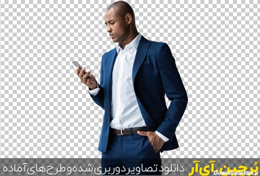 Borchin-ir-handsome african american businessman talking on mobile phone in modern office مرد سیاه پوست با کت و شلوار سرمه ای و موبایل در دست۲