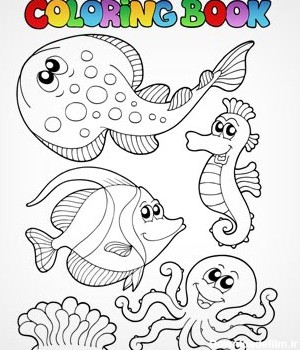 وکتور مجموعه نقاشی های ساده برای کتاب رنگ آمیزی شامل ماهی ، اسب دریایی ، هشت پا و ...