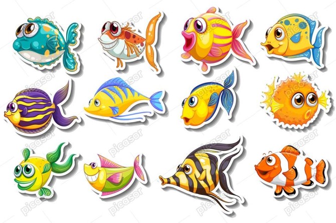 12 وکتور ماهی کارتونی رنگی - وکتور کارتونی ماهی های اقیانوسی رنگی ...