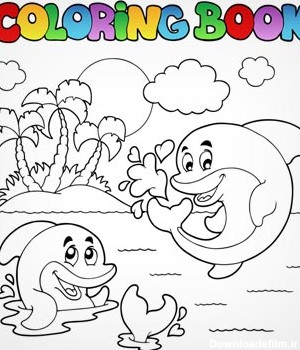طرح لایه باز وکتوری بازی دلفین های دریایی مناسب برای کتاب های رنگ آمیزی کودکان