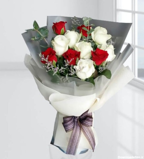 سفارش گل اینترنتی- دسته گل رز سفید و قرمز