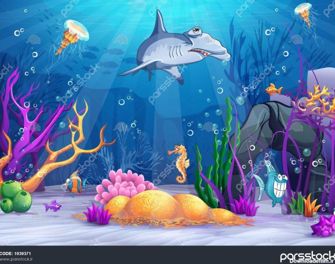 تصویر از جهان زیر آب با ماهی های خنده دار و کوسه کودن 1039371