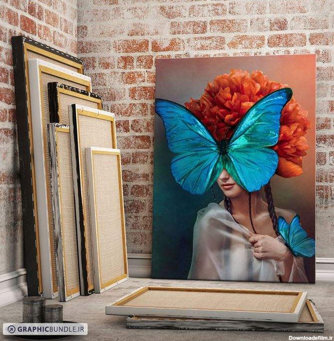 طرح تابلوی لوکس از دختری با صورت پروانه های و موهای گلدار