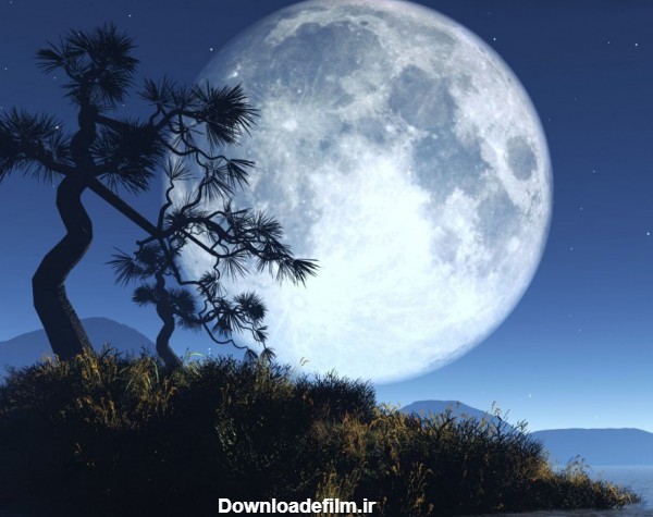 عکس فانتزی بزرگ ماه تابان شب چهارده بالای جزیره کوچک