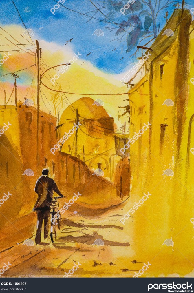 کوچه تنهایی نقاشی آبرنگ کوچه قدیمی و مرد با دوچرخه 1504603