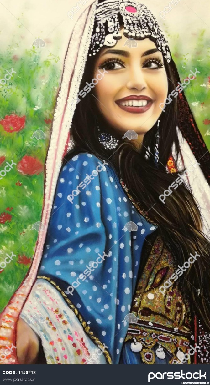 دختر شرقی با لباس محلی ایرانی و موهای مشکی زیبا نقاشی 1450718