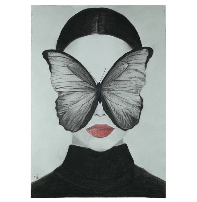 قیمت و خرید تابلو نقاشی سیاه قلم مدل پروانه و زن کد 2